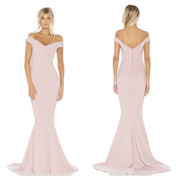 Nookie dusty rose blush pink Allure off shoulder train formal maxi dress gown